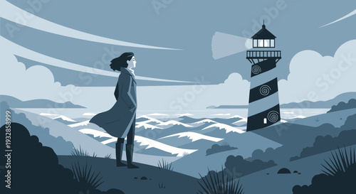 Woman standing on cliff looking at lighthouse.