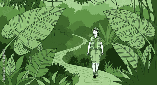 Young explorer woman walking on jungle path surrounded by lush green foliage.