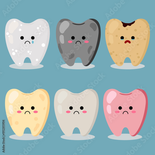 Color of healthy tooth dentisity cartoon cute kawaii sad and unhappy icon illustration