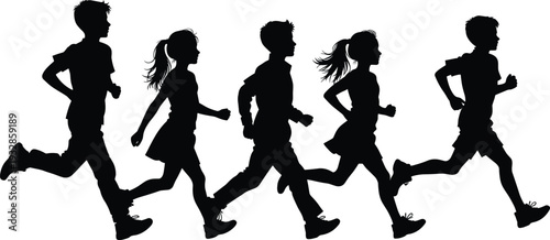 Collection of running children silhouettes, boys and girls jogging in motion, black vector illustration isolated on white background, healthy lifestyle and fitness concept