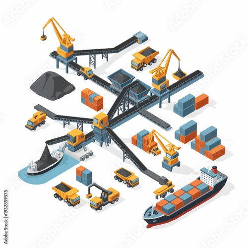 Isometric Industrial Port with Cargo Ships and Cranes.