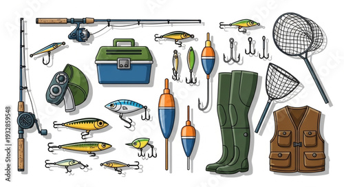 Collection of fishing equipment and accessories for recreational angling.