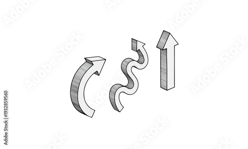 Three Hand-Drawn 3D Arrows in Doodle Style Pointing Upward