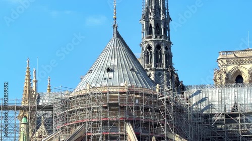 Restoration work in progress on the upper sections of Notre Dame de Paris cathedral apse in France