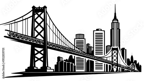 Iconic cityscape with suspension bridge and skyscrapers in black silhouette