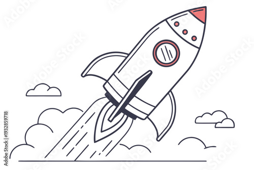 Rocket ship launching into the sky with clouds and flames