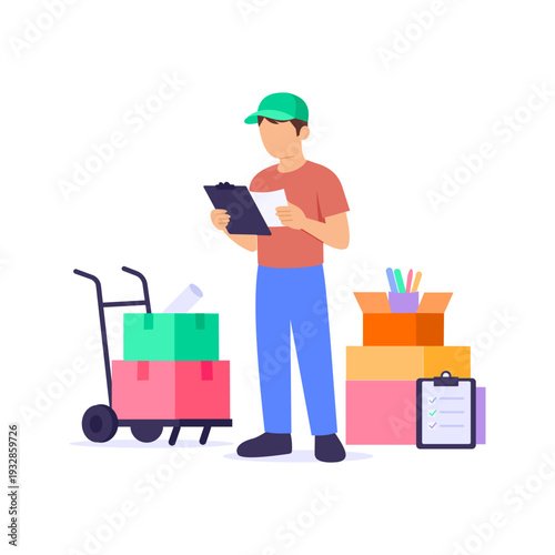 Receiving Stock, Accepting delivered goods into inventory, Flat vector character illustration