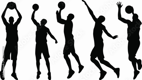 Dynamic basketball players in action poses with basketballs