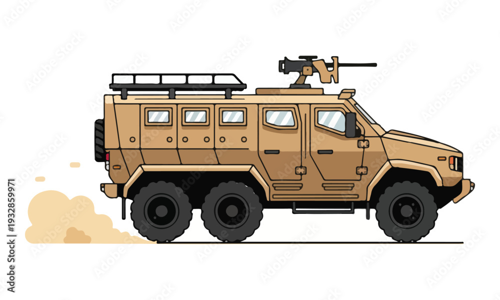 Obraz premium Armored Military Vehicle Driving Kicking Up Dust Illustration