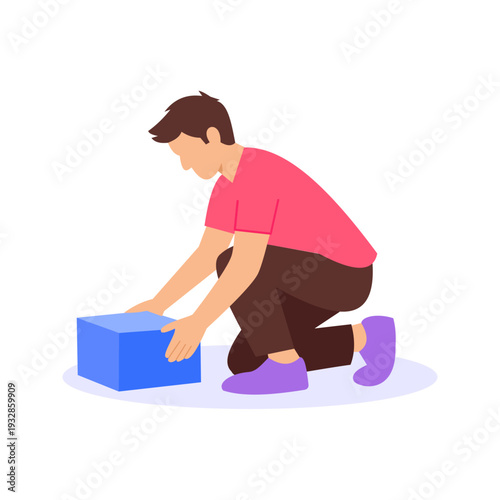 Placing Box on Floor, Setting carton down in storage area, Flat vector character illustration