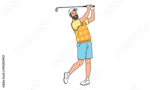 Happy Male Golfer Swinging Club in Argyle Vest Illustration