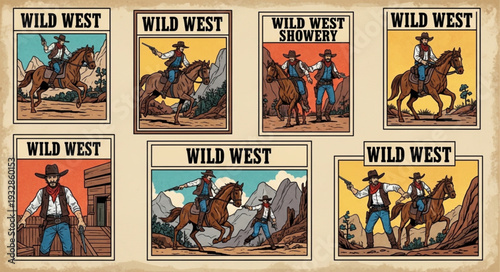 Vintage Wild West Posters Depicting Cowboys and Horses in Action Scenes.