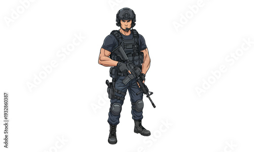 Police Tactical Officer Holding Assault Rifle in Full Uniform Illustration
