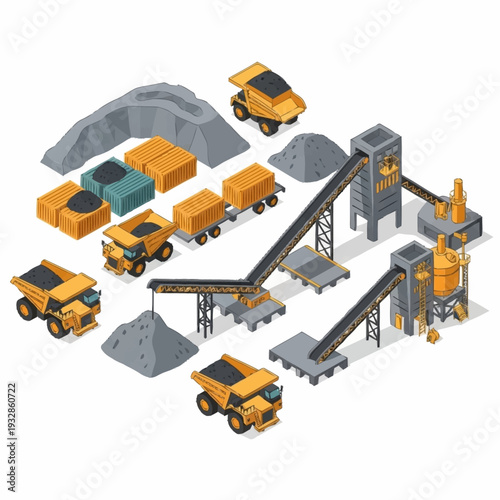 Isometric mining and quarrying industry with heavy machinery and processing plants.