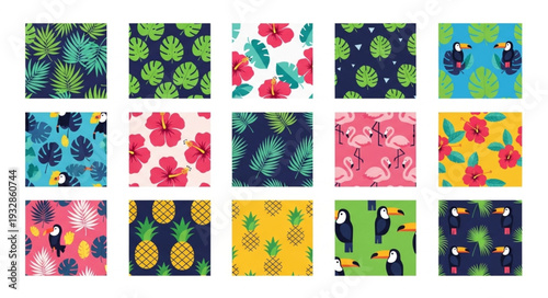 Colorful tropical patterns featuring toucans, pineapples, and hibiscus flowers, vibrant designs.