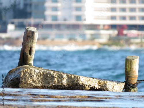 Canvas Print Dock / Mooring Wooden Cleat, Post, Pillar natural looking set in concrete