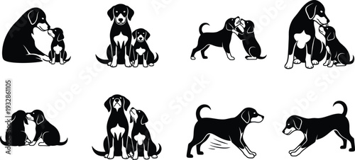 Icon bundle of adorable dog illustrations with various playful and cuddly poses