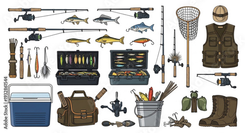 Comprehensive collection of fishing equipment, ready for a successful angling adventure.