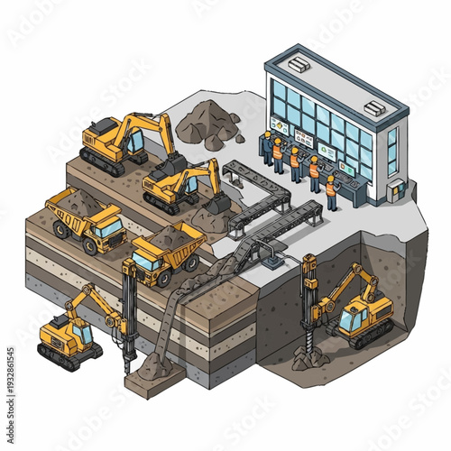 Isometric Mining Operation with Heavy Machinery and Workers.