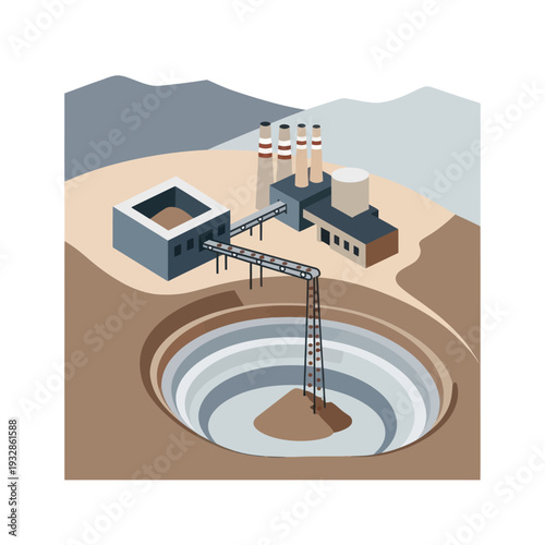 Industrial Mine Shaft with Buildings and Equipment.