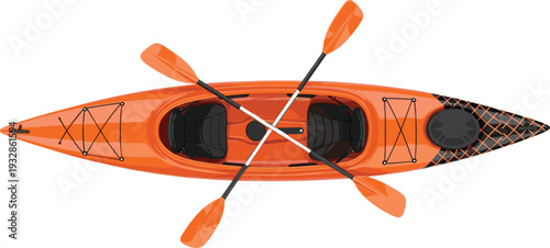 Orange kayak top view with crossed paddles vector illustration, geometric line art canoe for adventure water sports outdoor summer travel and recreation designs