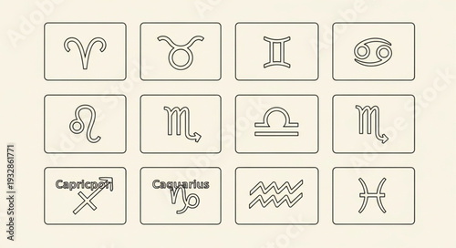 Zodiac Signs Depicted in a Grid, Representing Astrological Concepts and Symbols.