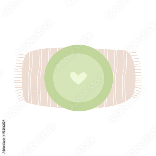 Green plate with a heart on a cloth napkin. Vector illustration.