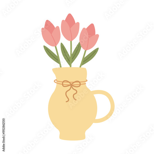 Pink tulips in a yellow jug. Vector illustration.