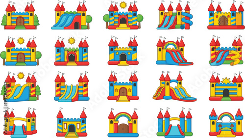 Colorful inflatable bounce house castles with slides and fun designs isolated on white background kids party amusement park vector illustration collection set