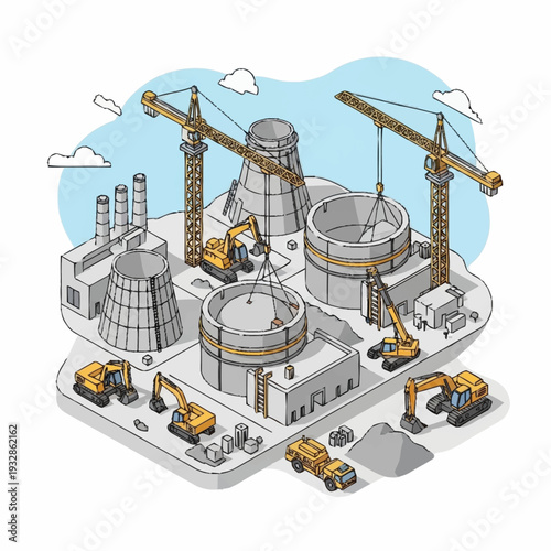 Isometric Nuclear Power Plant Construction Site with Heavy Machinery.