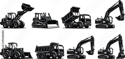 Construction heavy equipment set with excavator bulldozer loader and dump truck isolated on white background detailed black vector illustration