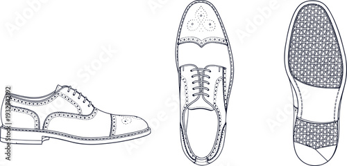 Classic brogue oxford shoe technical line drawing side top and sole view isolated on white background vector illustration