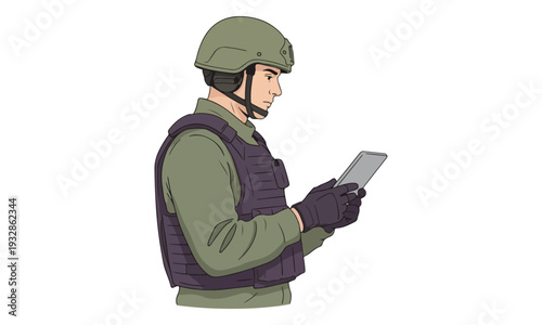 Soldier in Tactical Gear Using Digital Tablet