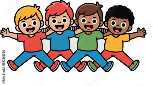 Four diverse children jumping together in colorful clothes