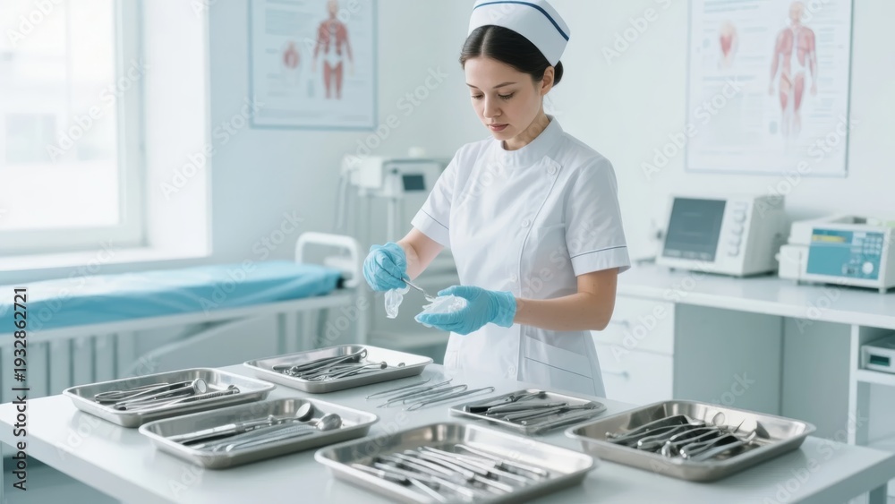 Obraz premium Nurse preparing medical instruments in a clinical setting