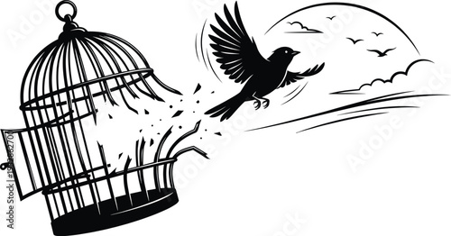 Freedom Concept Vector Illustrator – Bird Escaping Broken Cage Symbol of Liberation, Hope and Independence Silhouette Design