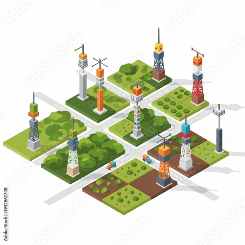 Isometric view of a city grid with various communication towers and green spaces.