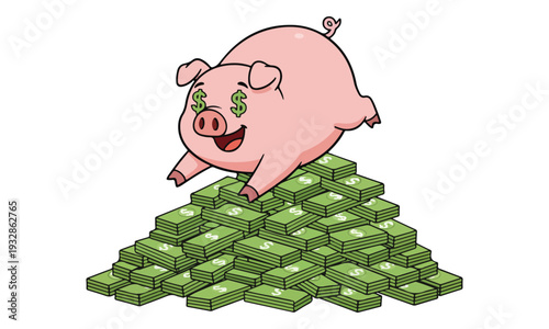 Cartoon Pig with Dollar Sign Eyes on Money Pile