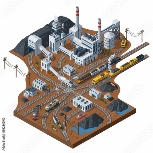 Isometric view of a detailed industrial complex with power plant and railway system.