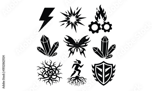 Black Silhouette Vector Icon Set of Fantasy, Nature, and Tech Symbols