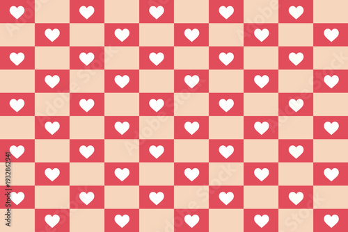 A vibrant red and beige checkerboard pattern with white hearts
