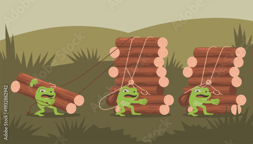 Three cartoon frogs pulling and pushing heavy wooden logs
