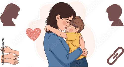 Mother and Child Hug Vector Illustration, Loving Family Bond Concept Illustrator Design Showing Emotional Parenting Care and Affection Symbol