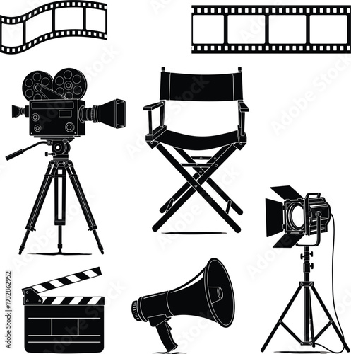 Cinema film icons silhouette set vector illustration, black movie camera clapperboard director chair spotlight reel for film production Hollywood entertainment designs
