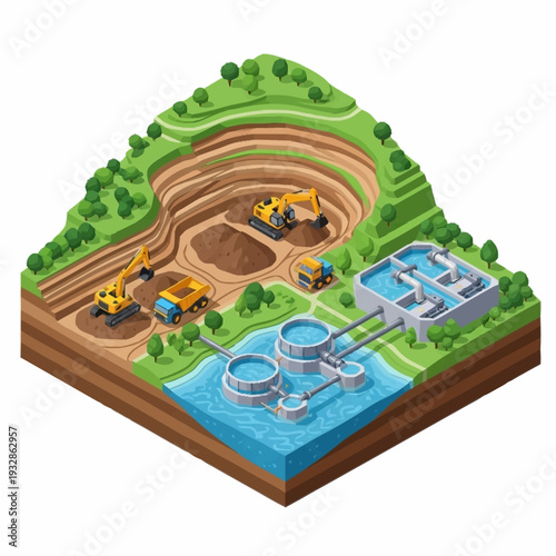 Isometric View of a Mining Operation and Water Treatment Plant.