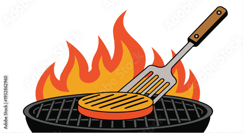 Burger on grill with spatula and flames rising