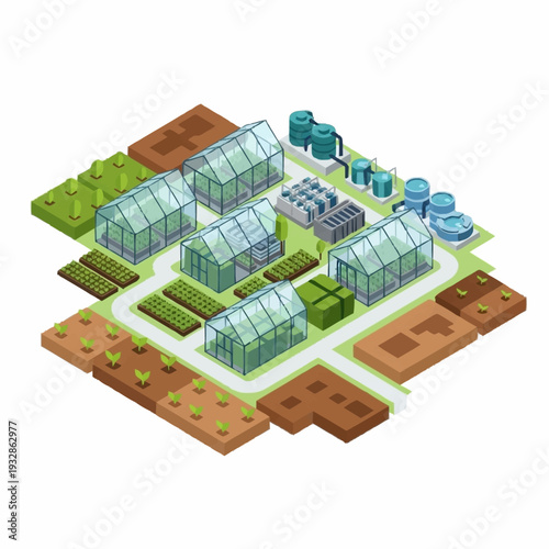 Isometric view of a modern agricultural farm with greenhouses and cultivated fields.
