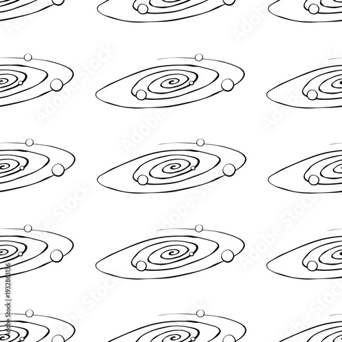 Vector seamless pattern with Galaxy, Black hole, solar system in flat style. Universe, outer space. Print on theme of astronomy, cosmos