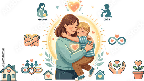 Mother and Child Love Vector Illustration Set, Family Bond Parenting Care Concept Illustrator Design with Emotional Affection Icons