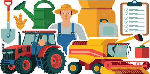 Farmer with tractor and combine harvester equipment  farming tools and machinery
